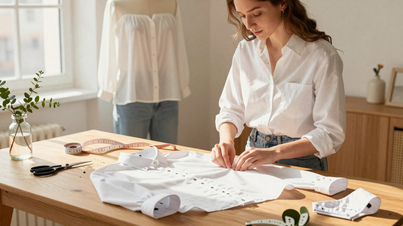 Mulher a trabalhar numa camisa branca sobre uma mesa com fita métrica e manequim ao fundo.