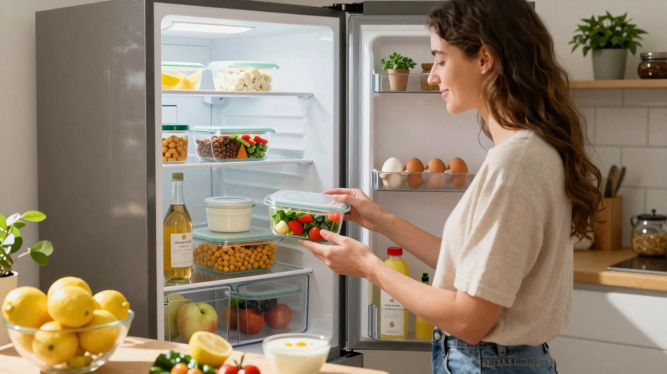 Mulher a guardar salada num frasco num frigorífico aberto numa cozinha moderna e iluminada.