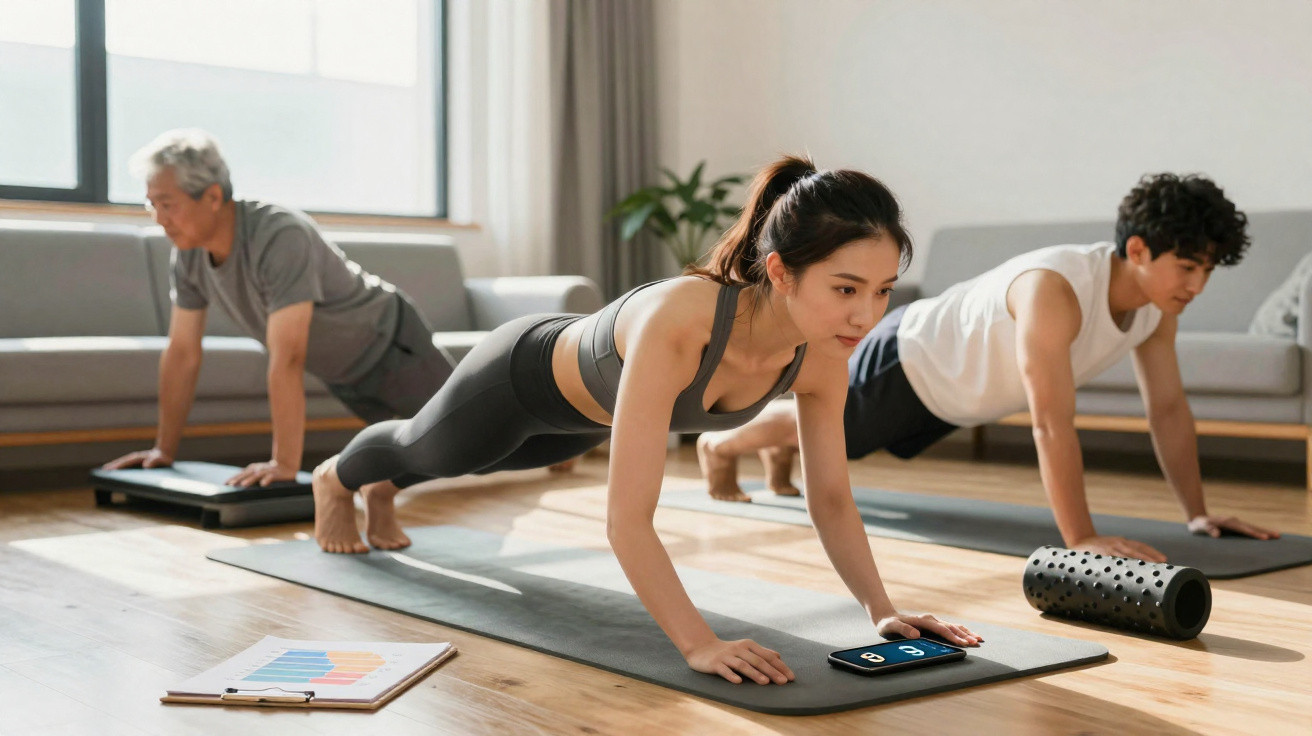 Três pessoas de diferentes idades fazem exercícios de prancha numa sala com luz natural e tapetes de yoga.