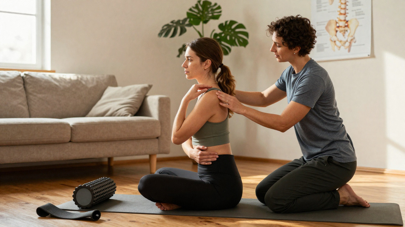 Terapeuta a guiar mulher numa sessão de fisioterapia postureal em tapete de yoga numa sala iluminada.