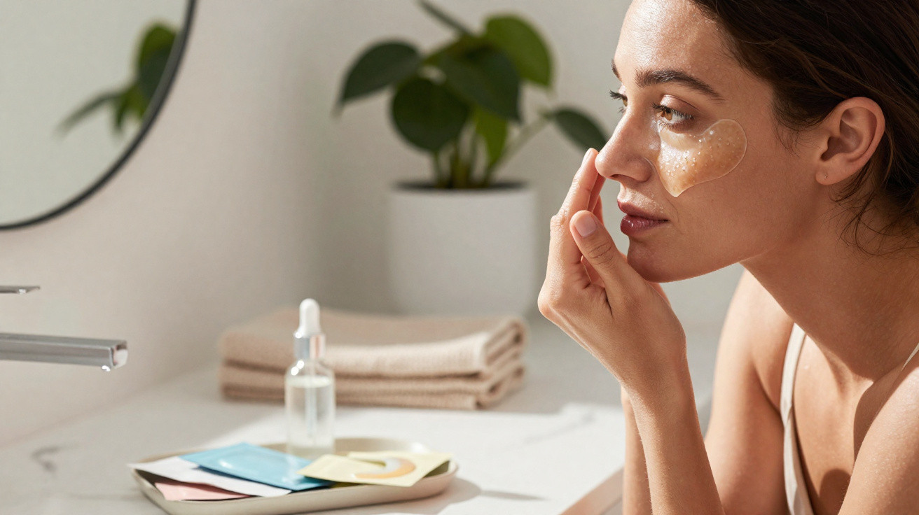 Mulher a aplicar máscara facial em forma de coração debaixo do olho numa casa de banho moderna.