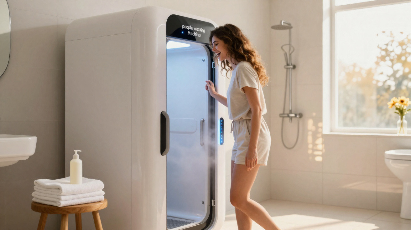 Mulher a sorrir enquanto entra numa máquina de crioterapia branca num banheiro moderno e iluminado.