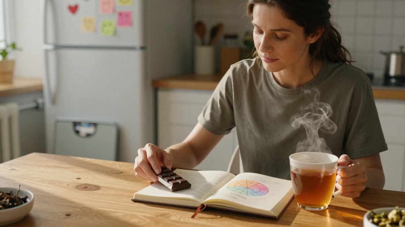 Mulher sentada à mesa a ler um livro, segurando uma chávena de chá quente e a pegar num pedaço de chocolate.
