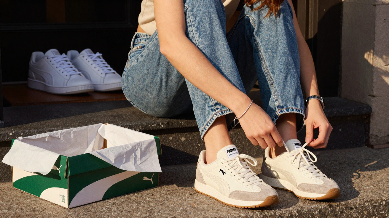 Pessoa sentada a calçar sapatilhas brancas Puma ao lado de caixa de cartão verde e branco aberta.