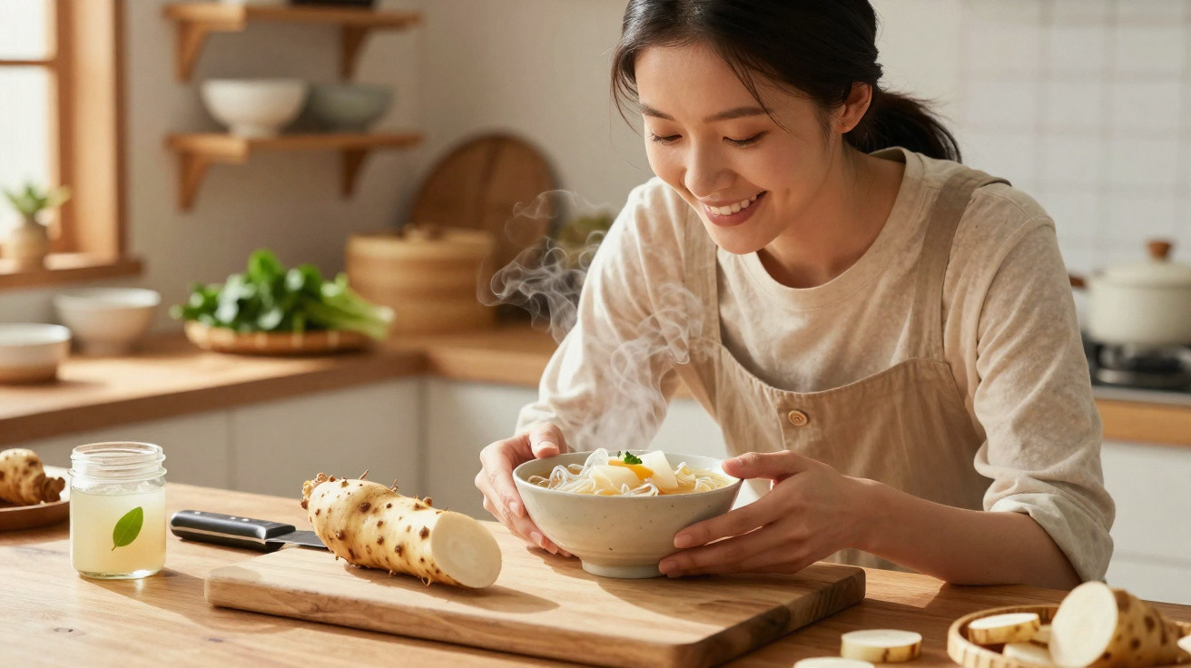 Mulher sorridente a segurar uma tigela de sopa quente numa cozinha moderna e luminosa.