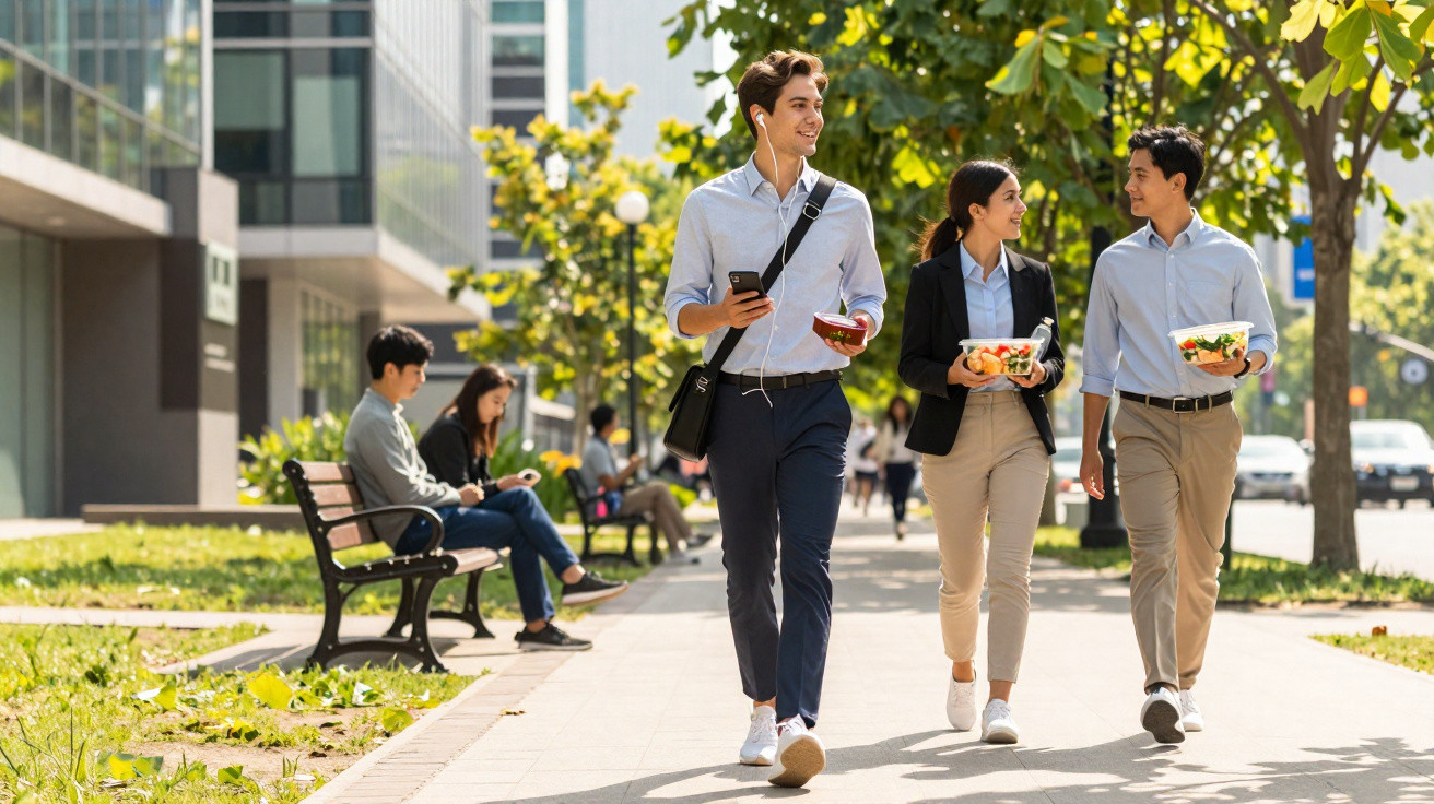 Três jovens vestidos formalmente caminham numa rua urbana com saladas e telemóveis numa manhã ensolarada.