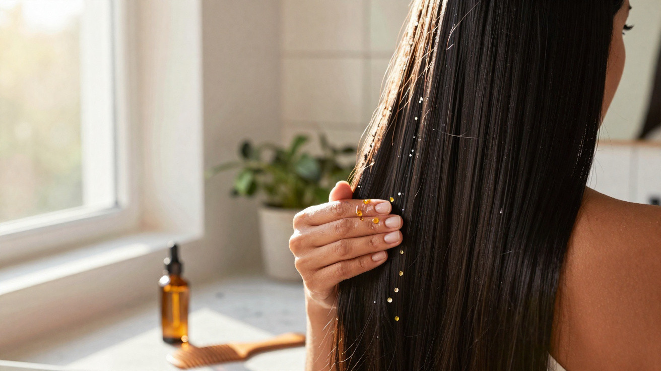Pessoa com cabelo longo e liso, passando os dedos com pequenos brilhos dourados no cabelo.