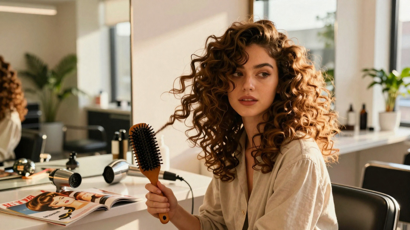 Mulher com cabelo encaracolado penteia os cabelos num salão de cabeleireiro moderno e iluminado.