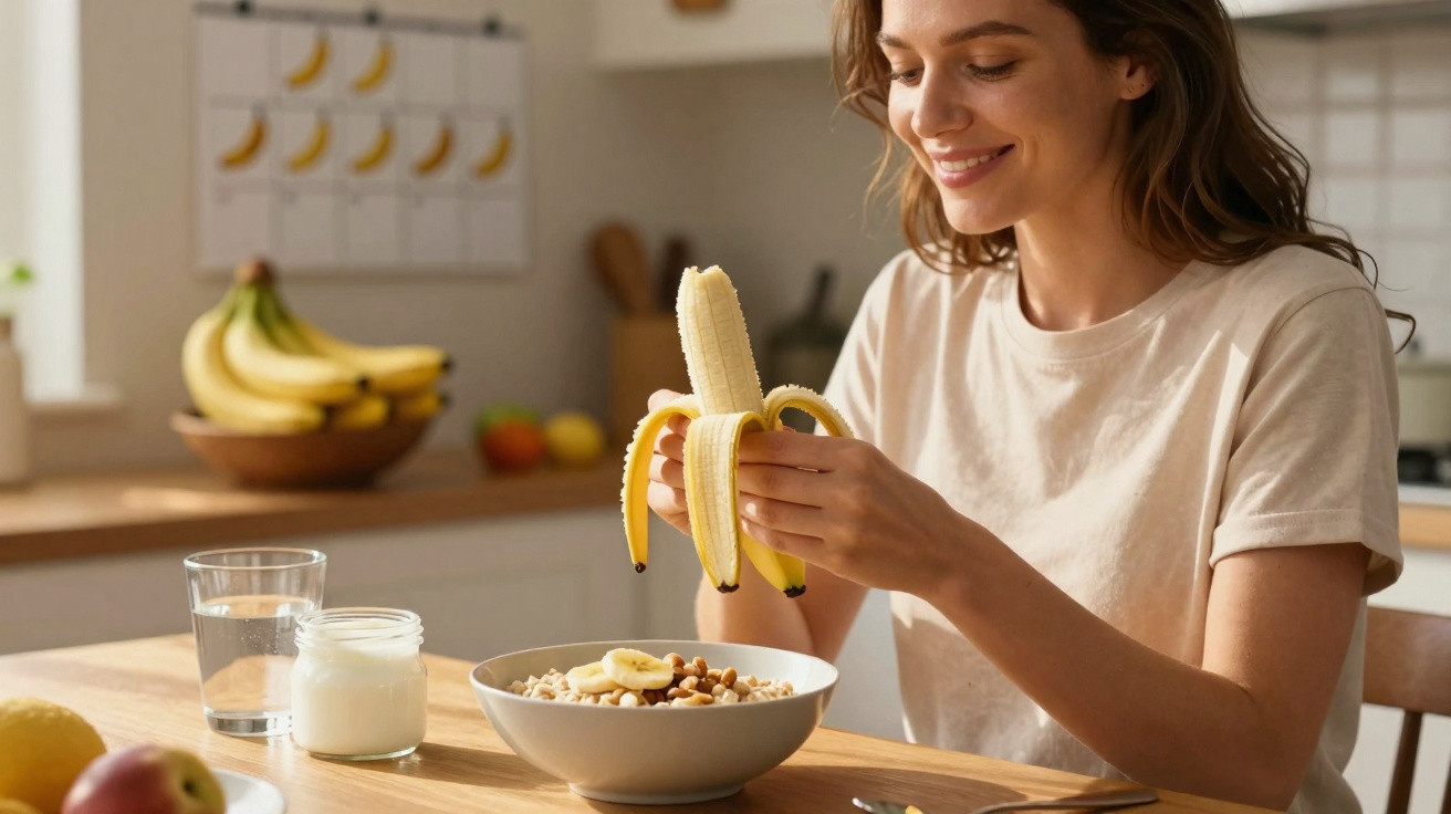 Mulher sorridente a descascar uma banana para o pequeno-almoço numa cozinha iluminada.