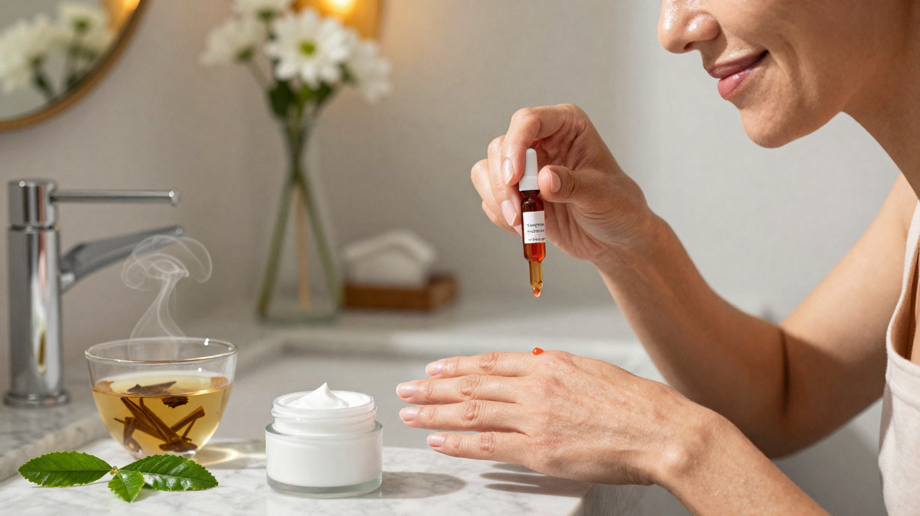 Pessoa a aplicar sérum facial com conta-gotas, creme hidratante e chá com paus de canela numa bancada.