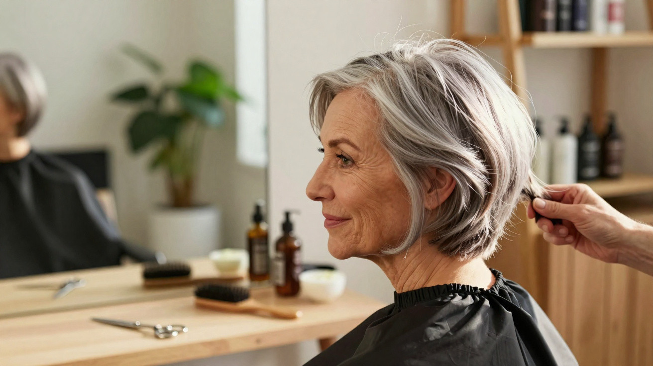 Mulher sénior com cabelo curto grisalho a receber penteado num salão de beleza moderno e luminoso.