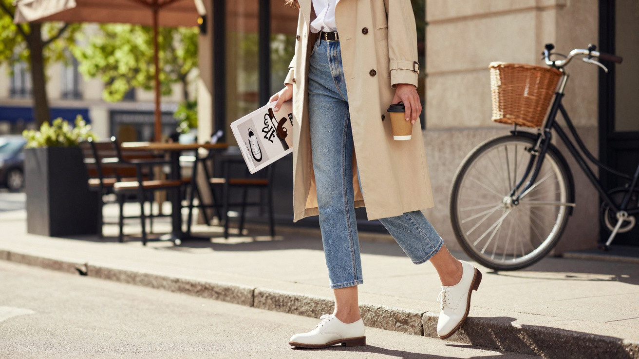 Pessoa com casaco bege, jeans e sapatos brancos a caminhar na rua segurando café e caderno.