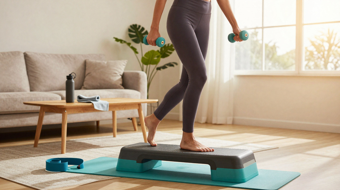 Pessoa a fazer exercício de step em casa segurando halteres em ambiente iluminado e confortável.