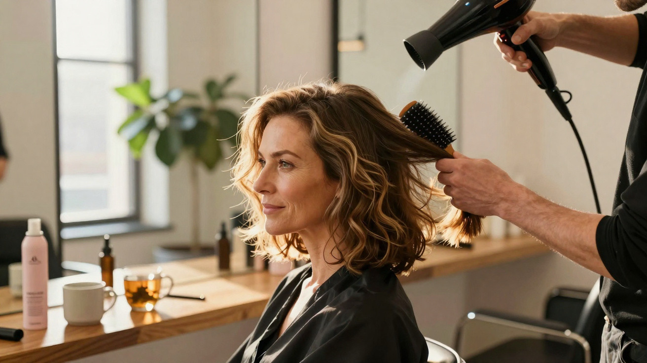 Mulher com cabelo curto a ser penteada e seco com secador num salão de cabeleireiro iluminado.