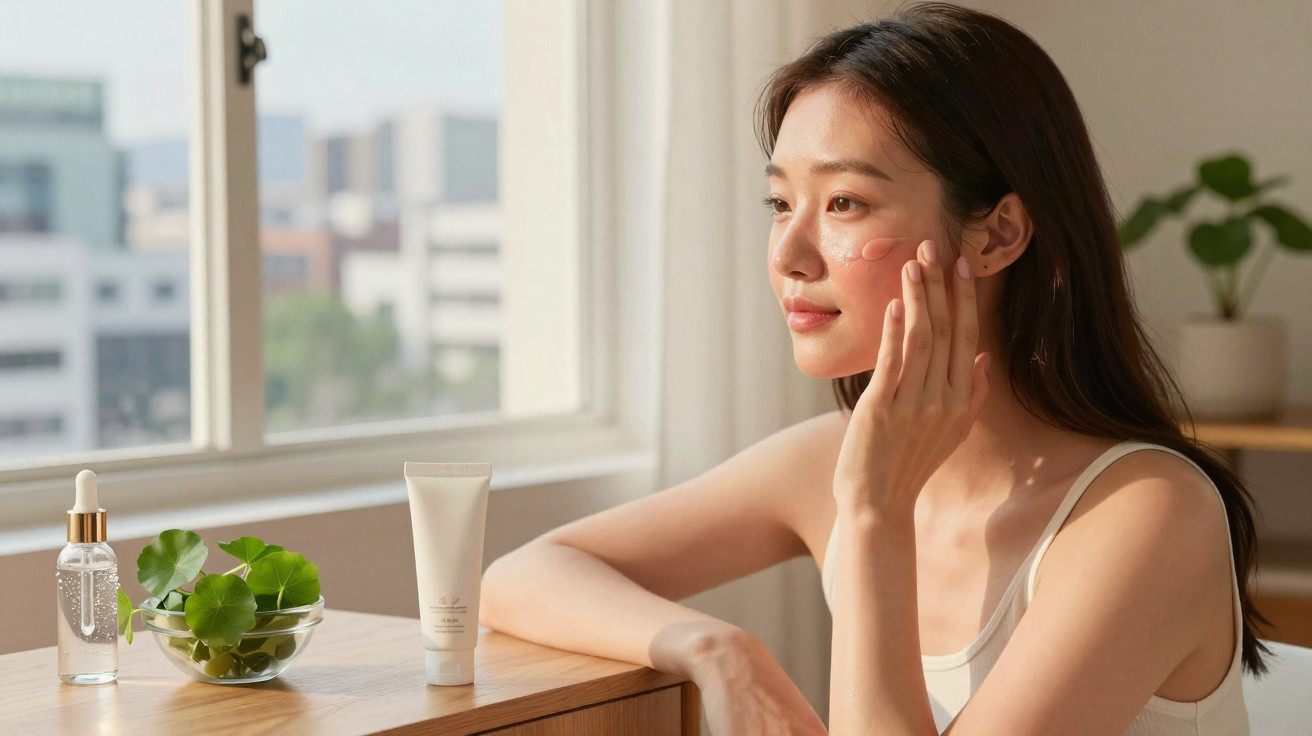 Mulher aplica creme hidratante no rosto à luz natural junto a uma janela, com produtos e planta na mesa.