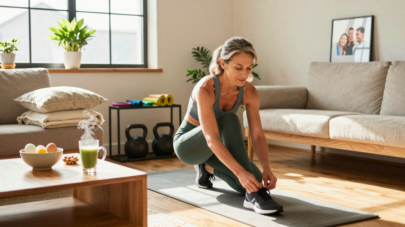 Mulher a calçar ténis para exercício numa sala iluminada com plantas e equipamento de fitness ao fundo.