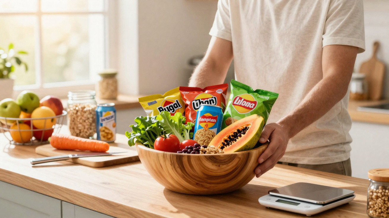 Pessoa a segurar uma tigela de madeira com frutas, legumes frescos e snacks numa cozinha iluminada.