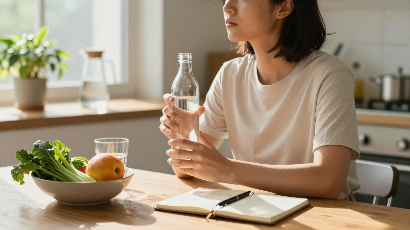 Mulher sentada à mesa da cozinha com garrafa de água, caderno e frutas numa tigela.