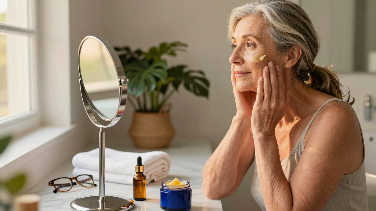 Mulher sénior a aplicar creme facial junto a espelho numa casa luminosa e acolhedora.