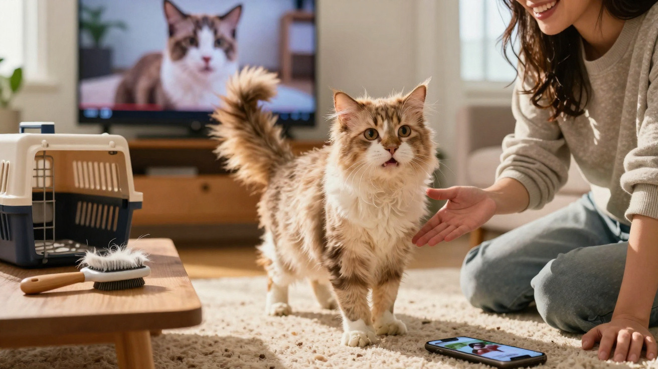 Gato de pelo comprido com mulher sorridente no chão, e televisão a mostrar gato ao fundo.
