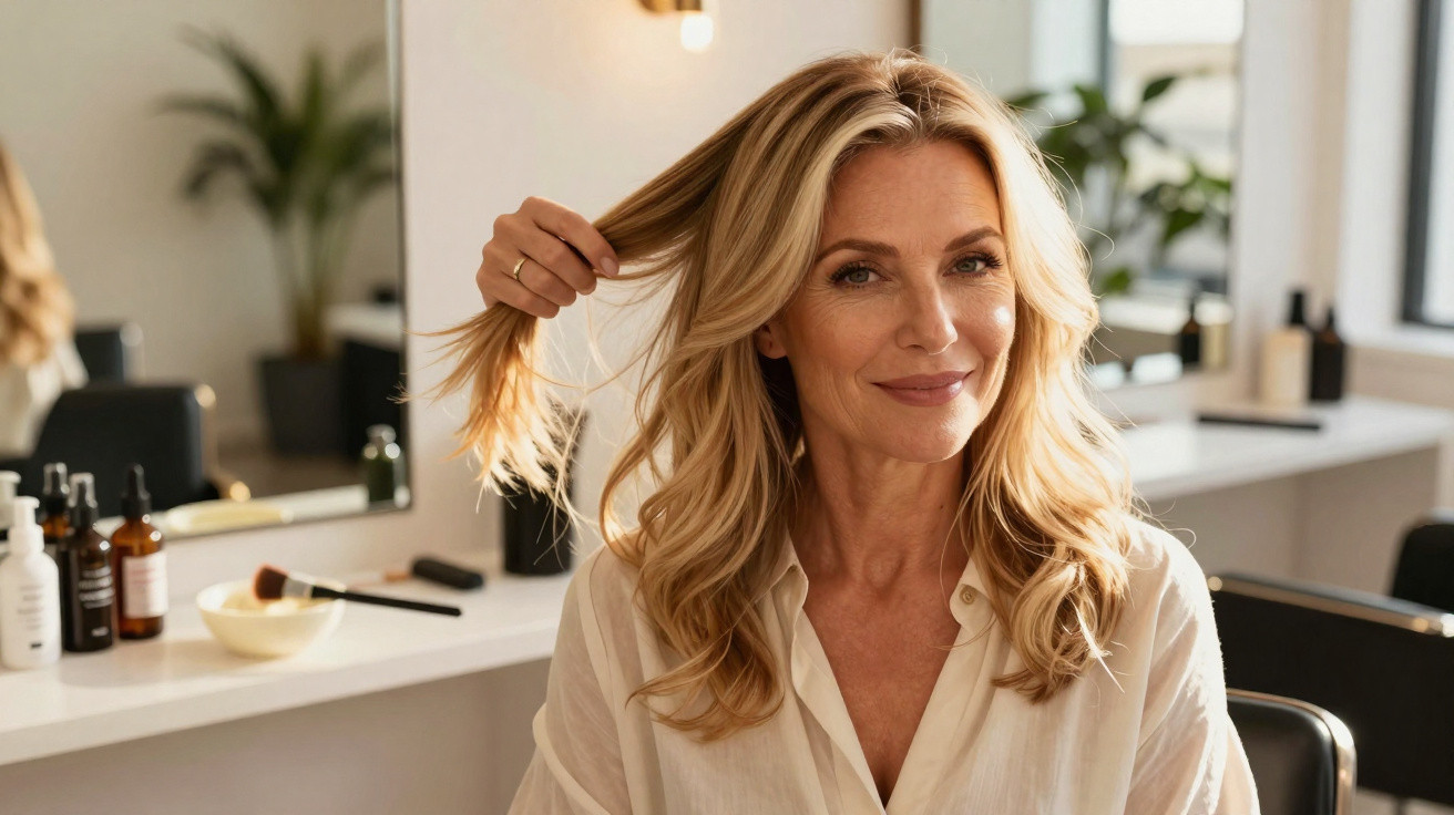 Mulher loira sorridente, veste camisa branca, segurando cabelo num salão de beleza iluminado.