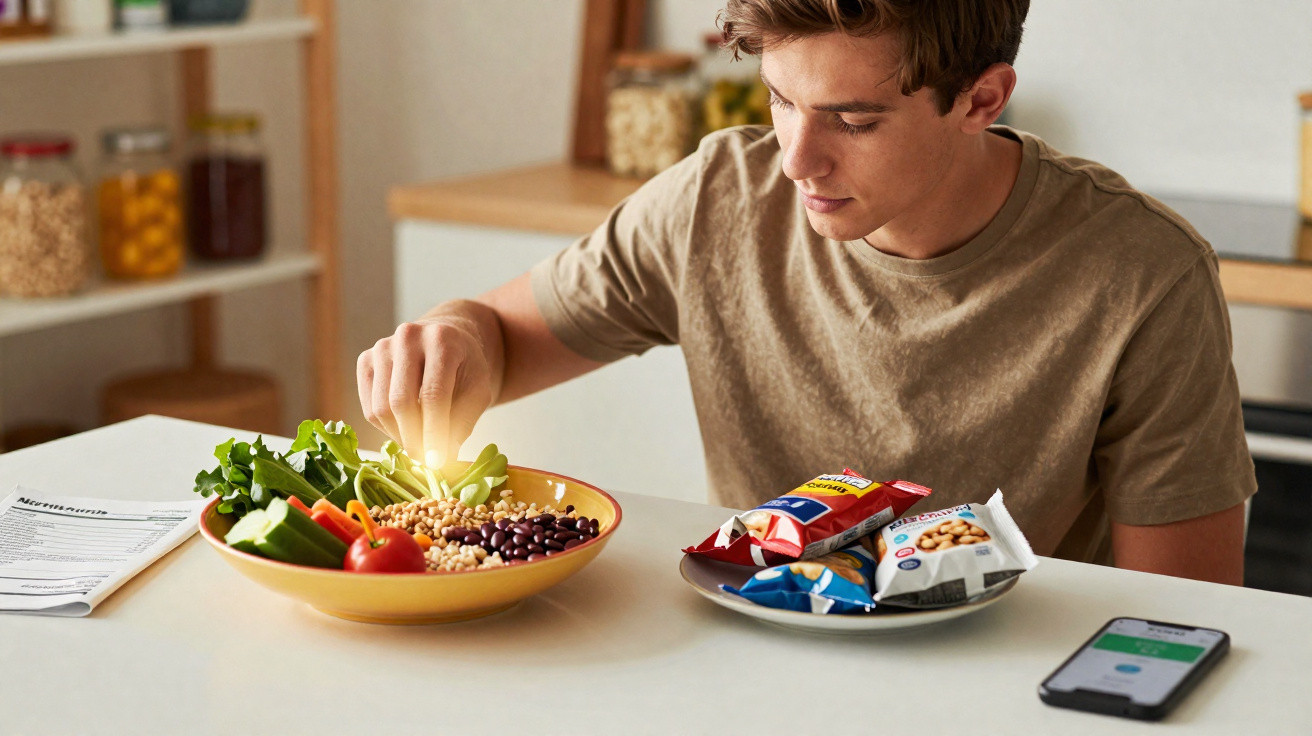 Jovem sentado à mesa a preparar uma salada saudável com legumes e leguminosas na cozinha moderna.