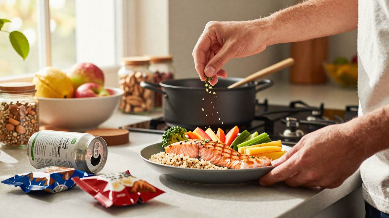 Pessoa a temperar prato com salmão grelhado, quinoa e legumes na cozinha doméstica.