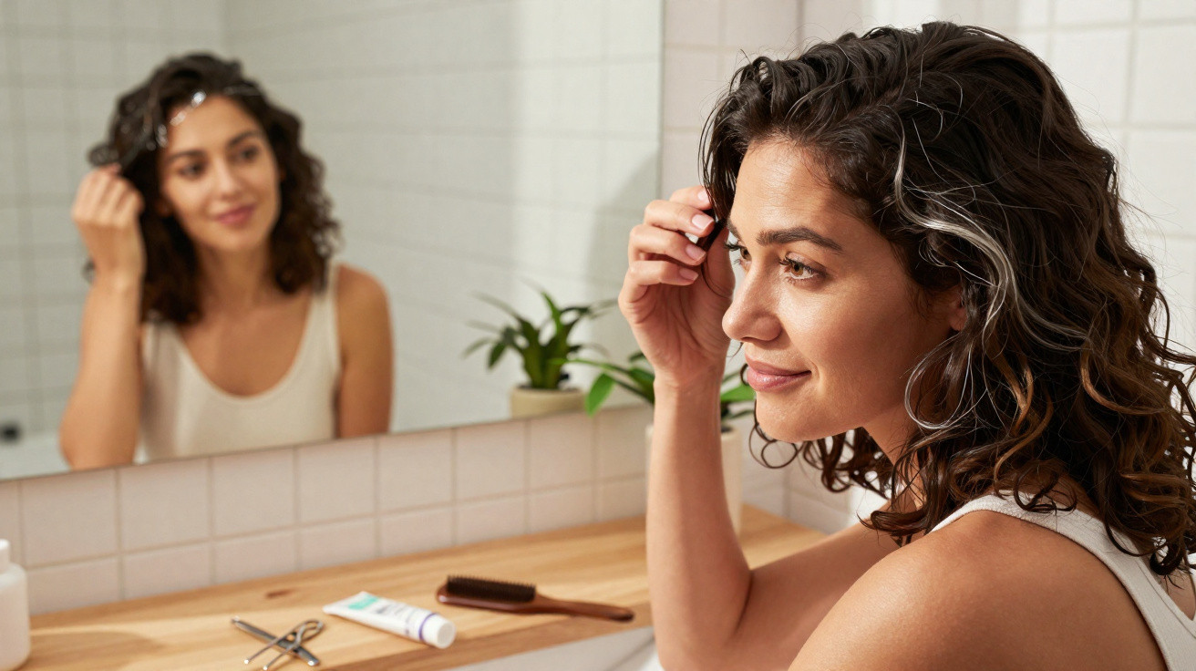 Mulher a pentear o cabelo à frente de um espelho numa casa de banho com planta no balcão.