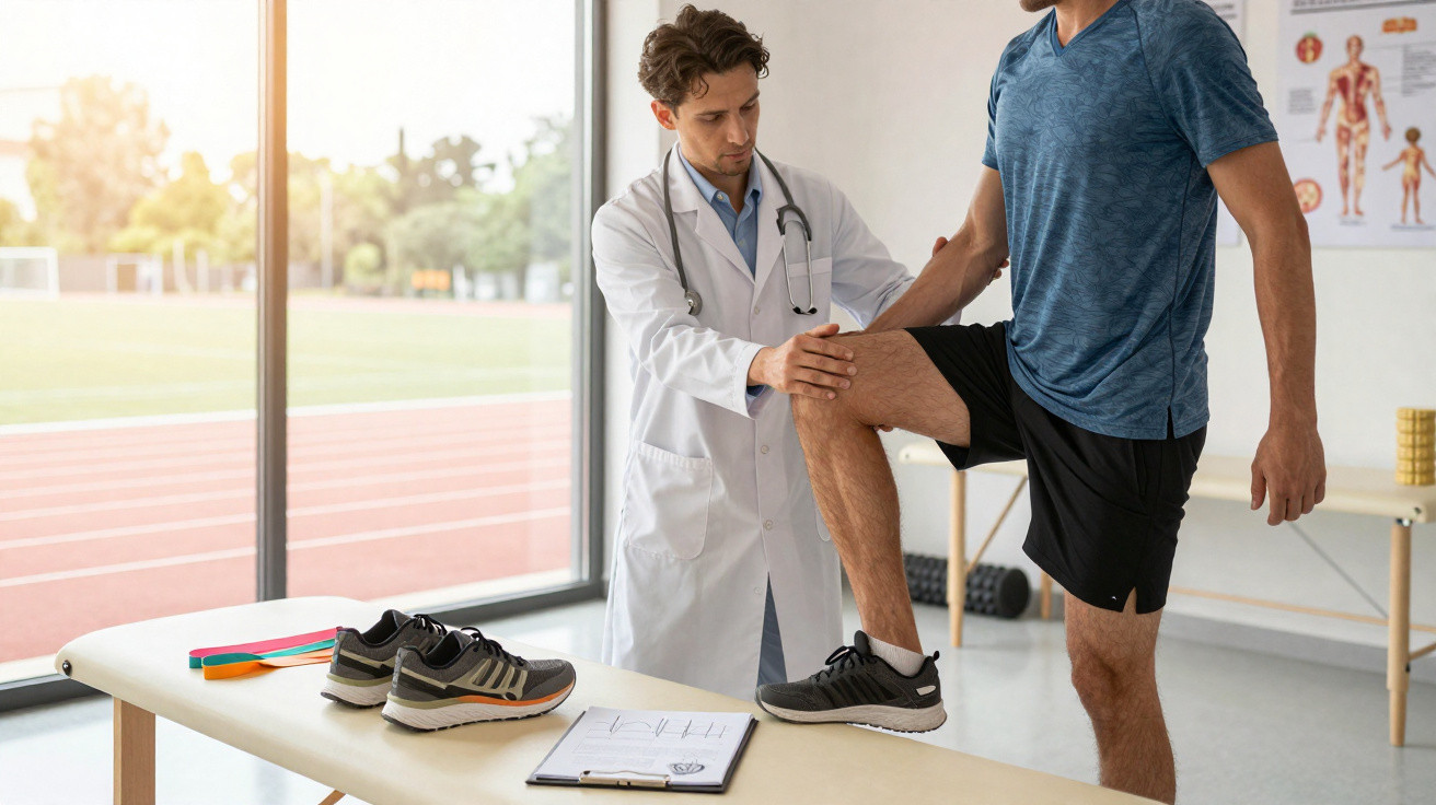 Homem a fazer exame físico ao joelho por médico numa clínica com vista para pista de corrida.