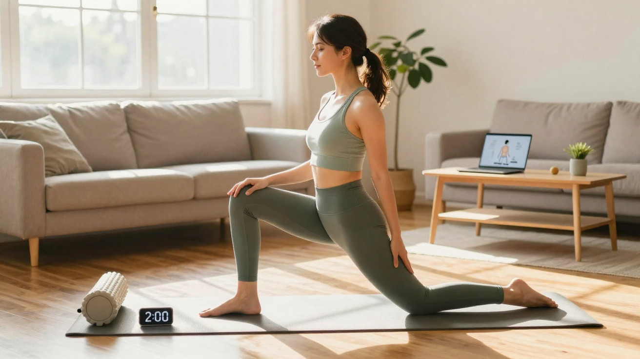 Mulher a fazer alongamento no tapete de yoga em sala de estar iluminada e minimalista.