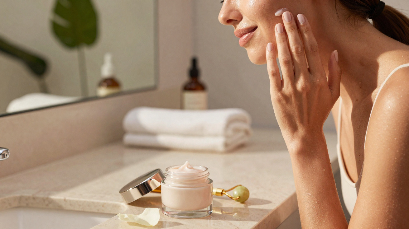 Mulher aplica creme facial num lavatório com toalhas e garrafa ao fundo.