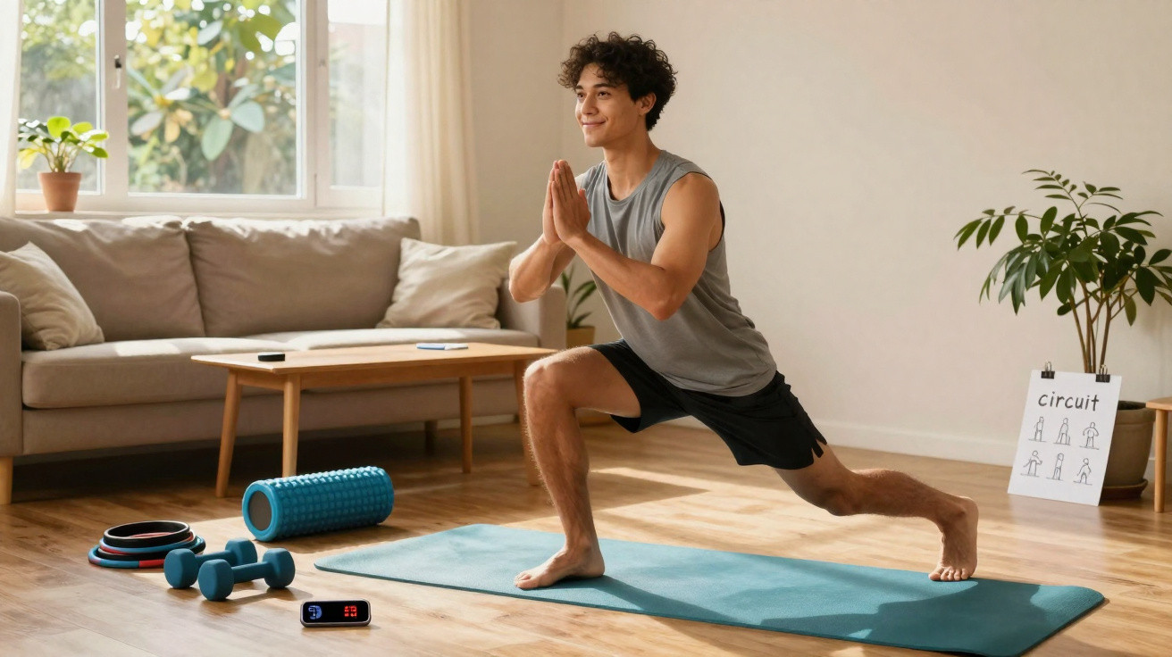 Homem jovem a fazer alongamentos num tapete de yoga numa sala luminosa com equipamento de ginásio.