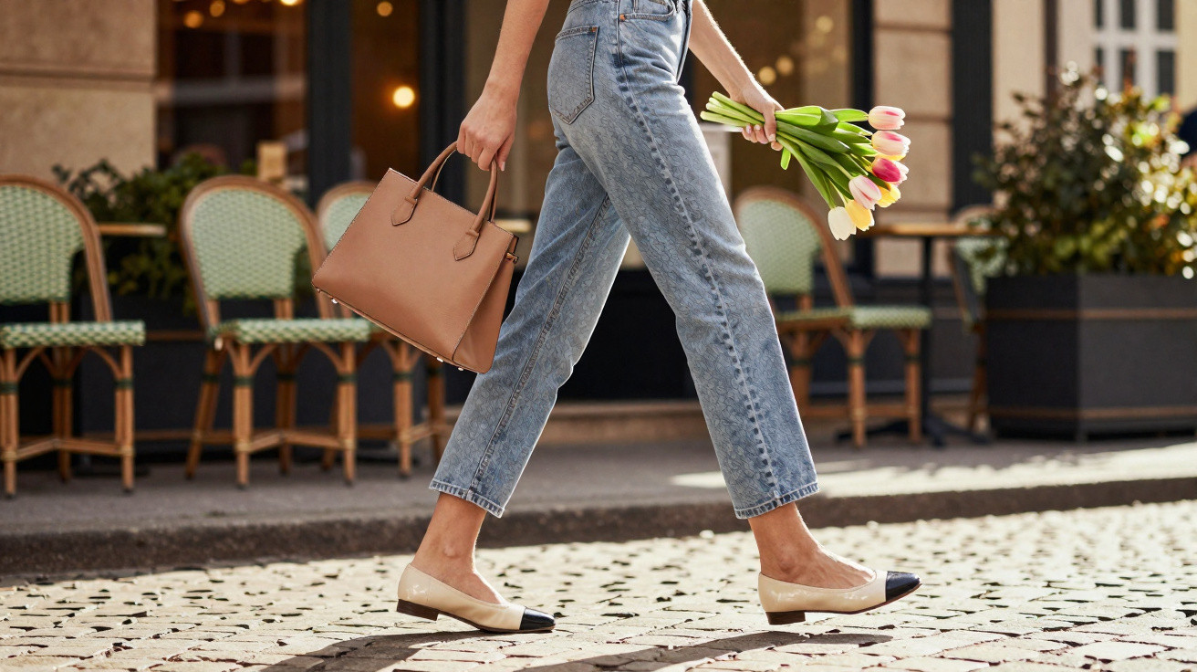 Pessoa a caminhar com calças de ganga, sapatos rasteiros, a segurar um ramo de tulipas e uma mala castanha.