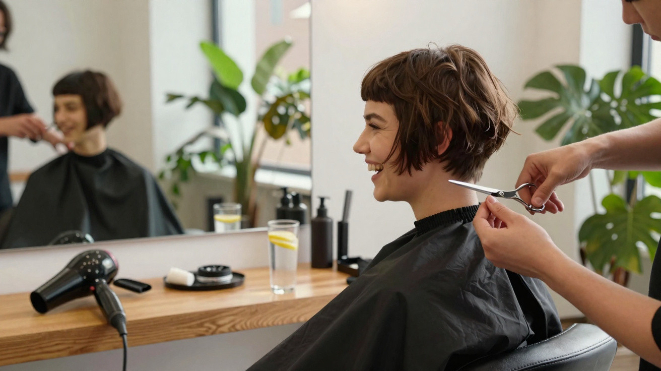 Mulher sorridente a cortar cabelo curto num salão de cabeleireiro moderno e bem iluminado.