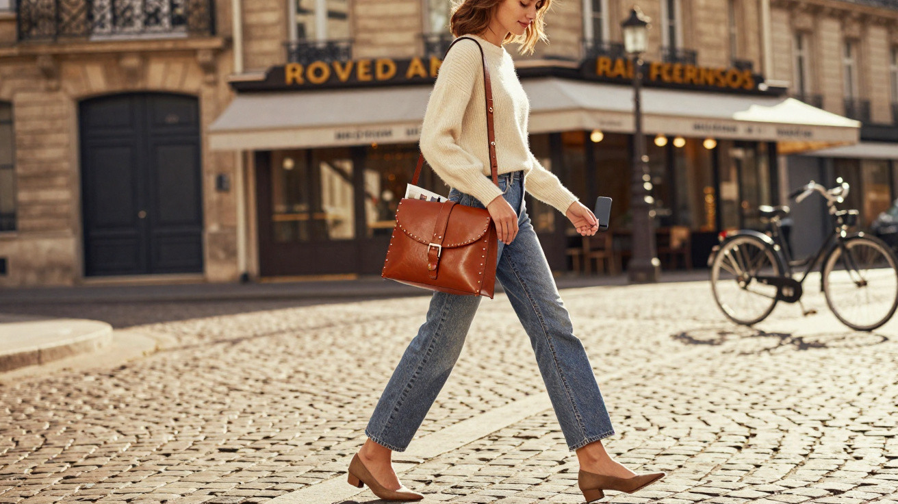 Mulher a caminhar na rua com sapatos de salto médio, jeans e camisola creme, segurando mala castanha.