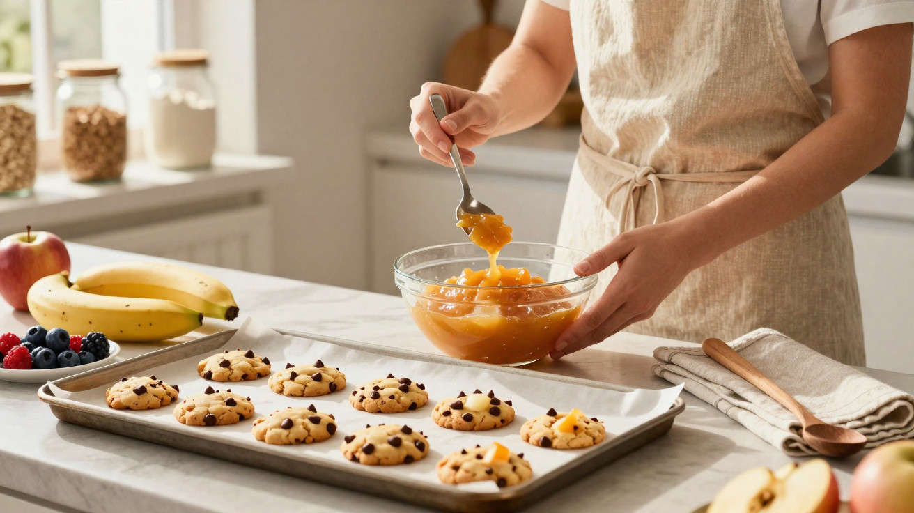 Pessoa a preparar bolachas com pepitas de chocolate, colocando puré de fruta sobre elas numa bancada de cozinha.