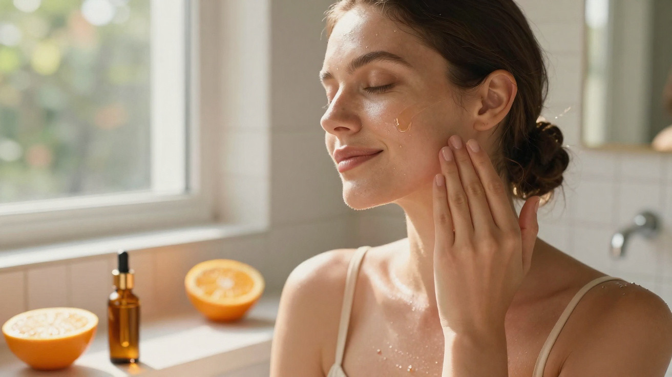Mulher a aplicar sérum facial à luz natural junto à janela, com frutas cítricas e frasco de óleo no fundo.
