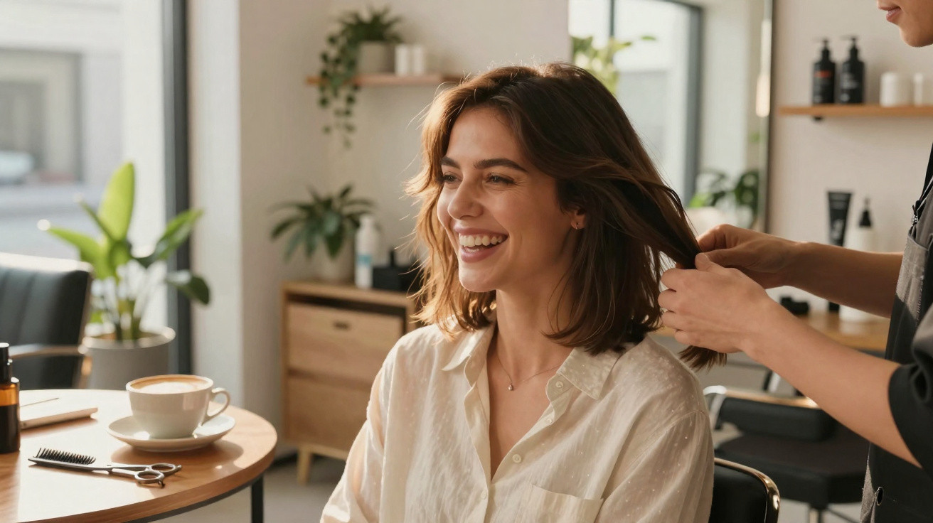 Mulher sorridente a receber um penteado num salão de cabeleireiro iluminado e acolhedor.