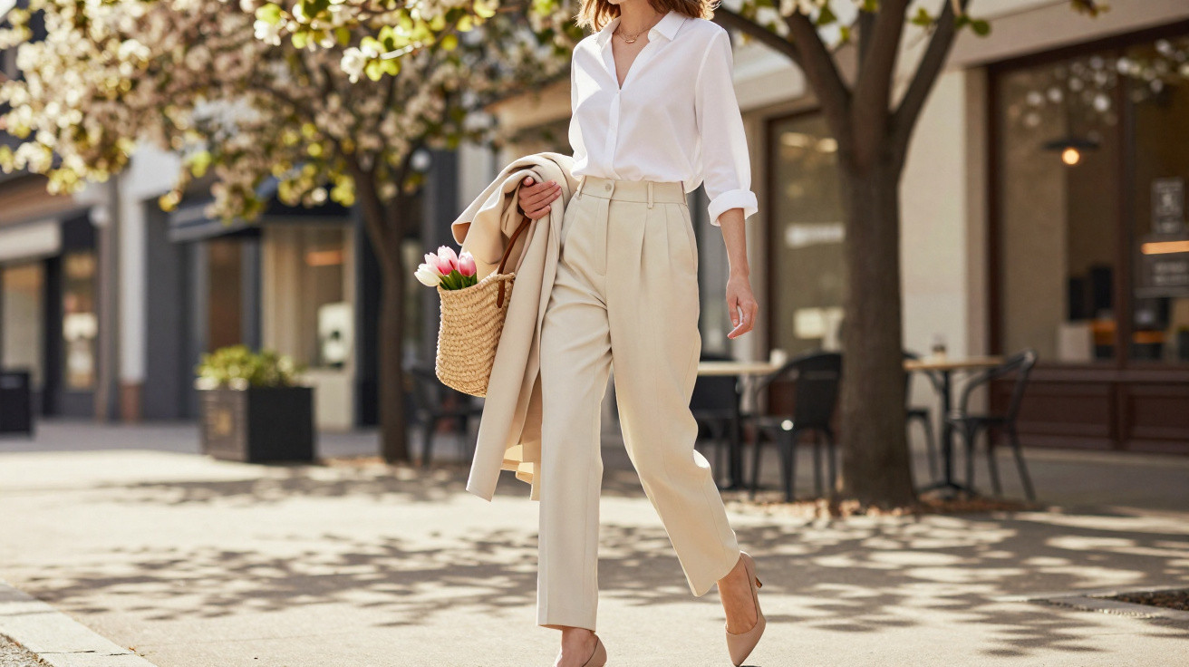 Mulher elegante a caminhar na rua com camisa branca, calças bege e bolsa com flores cor-de-rosa.
