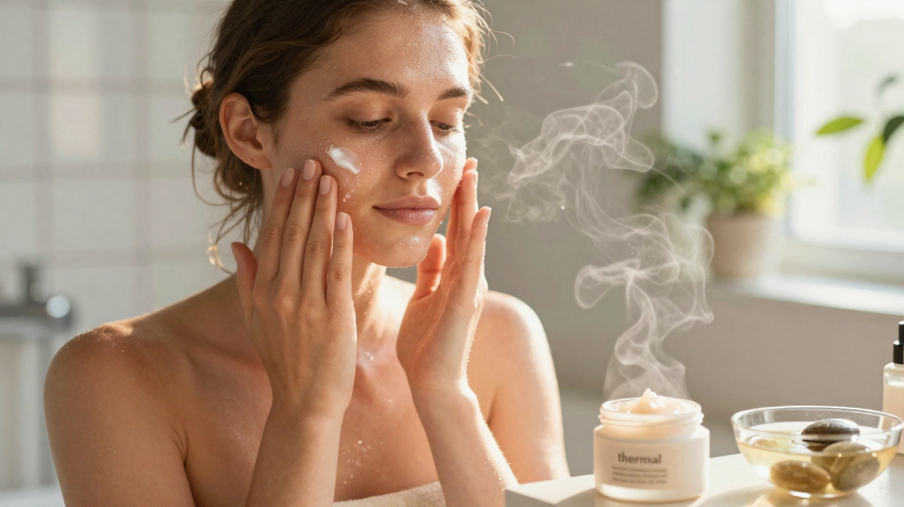 Mulher a aplicar creme facial num ambiente luminoso e tranquilo de casa de banho.