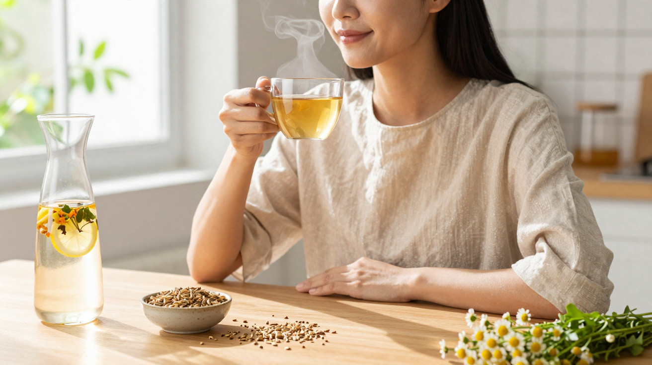 Mulher a beber chá quente numa chávena transparente, com uma jarra de água e flores sobre a mesa de madeira.