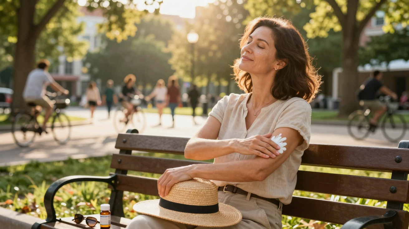 Mulher sentada num banco no parque a aplicar protetor solar no braço ao pôr do sol.