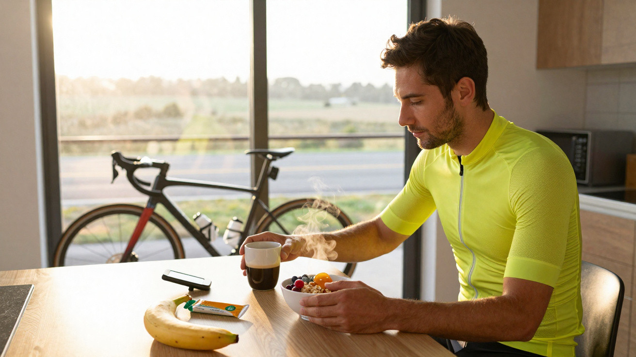 Homem com roupa de ciclismo a tomar pequeno-almoço com bicicleta junto à janela ao fundo.