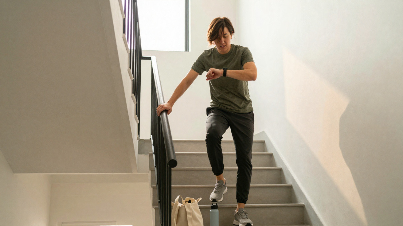 Pessoa a subir escadas interiores, a olhar para relógio inteligente, com garrafa de água e mochila no chão.
