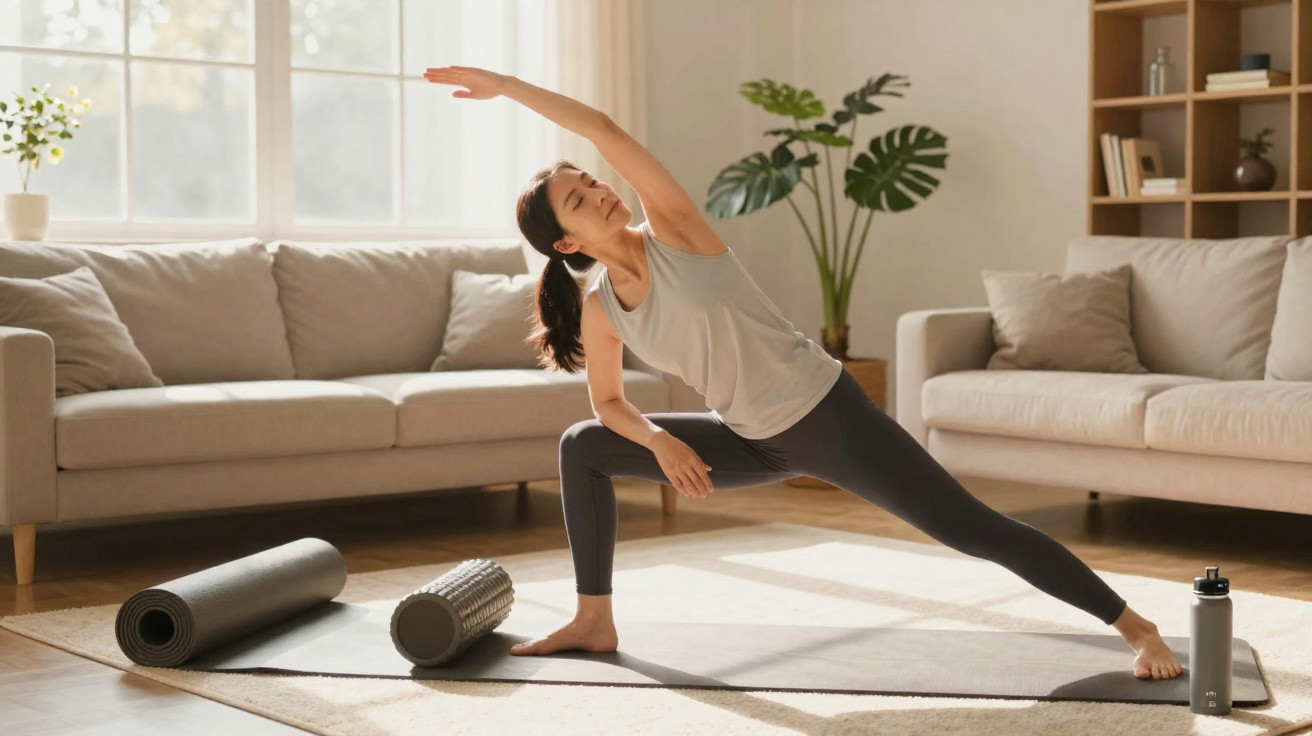 Mulher a fazer alongamentos num tapete de yoga numa sala iluminada com sofás e plantas.