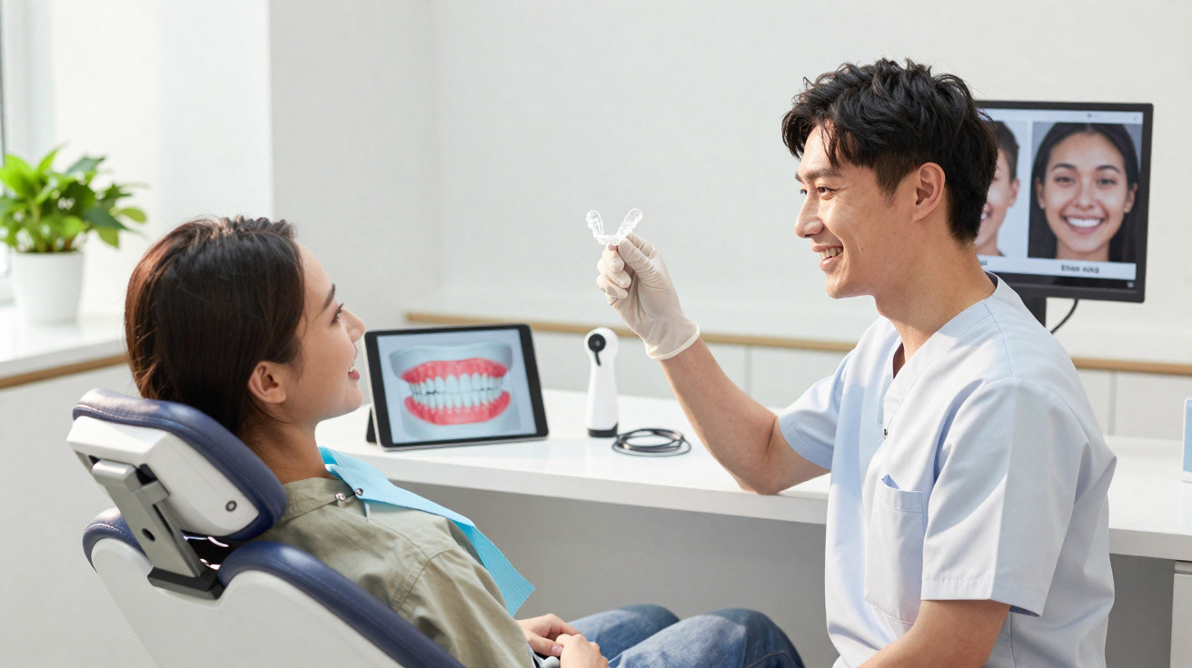 Dentista mostra aparelho transparente para paciente sentada na cadeira num consultório moderno.