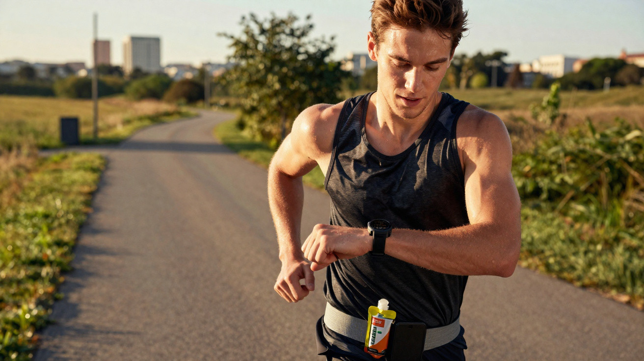 Homem a correr ao ar livre numa estrada, a olhar para o relógio desportivo no pulso.