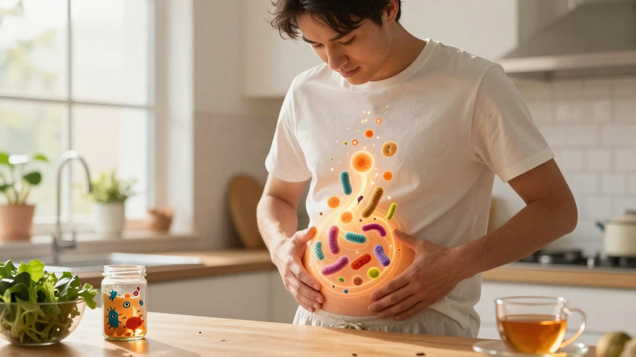 Jovem numa cozinha a tocar a barriga com ilustração de bactérias coloridas no estômago.