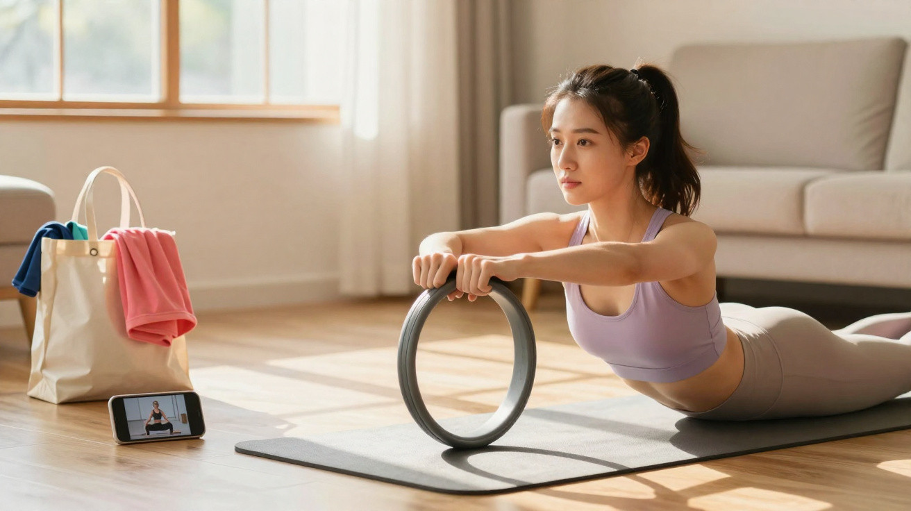 Mulher a fazer exercício em tapete com roda de pilates, seguindo treino pelo telemóvel numa sala iluminada.