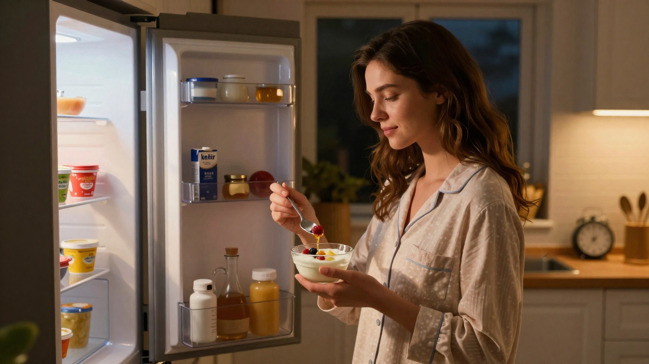Mulher de pijama a comer iogurte com frutas em cozinha durante a noite, junto ao frigorífico aberto.